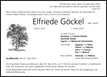 Traueranzeige von Elfriede Göckel von Neue Presse Coburg