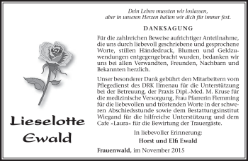 Traueranzeige von Lieselotte Ewald von Südthüringer Presse