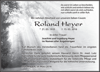 Traueranzeige von Roland Heyer von Südthüringer Presse