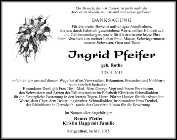 Traueranzeige von Ingrid Pfeifer von Südthüringer Presse