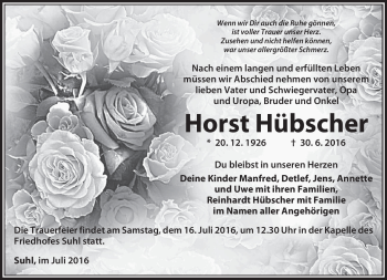 Traueranzeige von Horst Hübscher von Südthüringer Presse