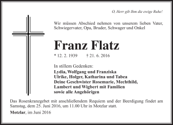 Traueranzeige von Franz Flatz von Südthüringer Presse