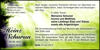 Traueranzeige von Heinz Schuran von Südthüringer Presse