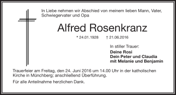 Traueranzeige von Alfred Rosenkranz von Frankenpost