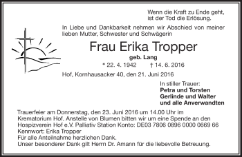 Traueranzeige von Erika Tropper von Frankenpost
