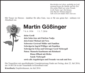Traueranzeige von Martin Gößinger von Südthüringer Presse