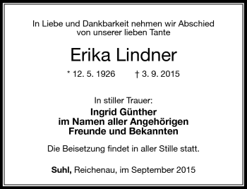 Traueranzeige von Erika Lindner von Südthüringer Presse