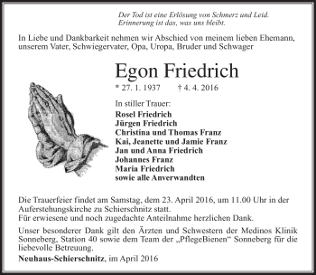 Traueranzeige von Egon Friedrich von Südthüringer Presse