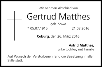 Traueranzeige von Gertrud Matthes von Neue Presse Coburg