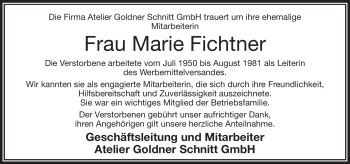 Traueranzeige von Marie Fichtner von Frankenpost