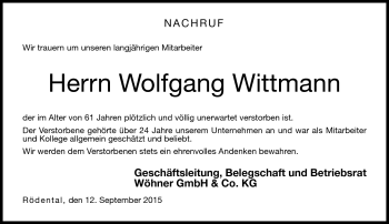 Traueranzeige von Wolfgang Wittmann von Neue Presse Coburg