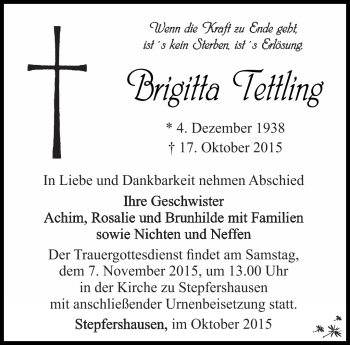 Traueranzeige von Brigitta Tettling von Südthüringer Presse