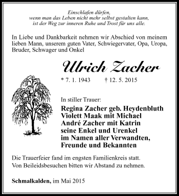 Traueranzeige von Ulrich Zacher von Südthüringer Presse
