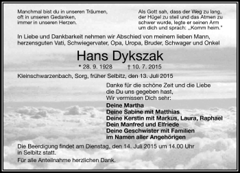 Traueranzeige von Hans Dykszak von Frankenpost