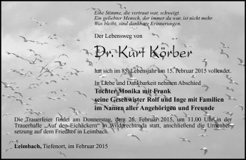Traueranzeige von Kurt Körber von Südthüringer Presse