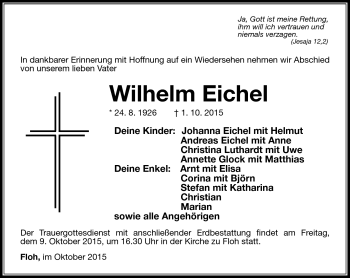 Traueranzeige von Wilhelm Eichel von Südthüringer Presse