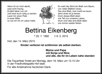 Traueranzeige von Bettina Eikenberg von Frankenpost