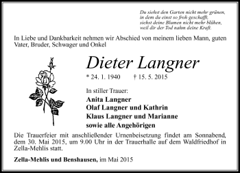 Traueranzeige von Dieter Langner von Südthüringer Presse