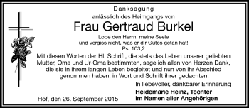 Traueranzeige von Gertraud Burkel von Frankenpost