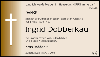 Traueranzeige von Ingrid Dobberkau von Südthüringer Presse