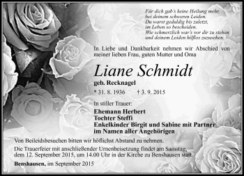 Traueranzeige von Liane Schmidt von Südthüringer Presse