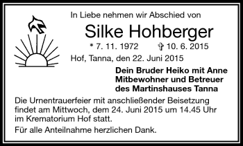 Traueranzeige von Silke Hohberger von Frankenpost