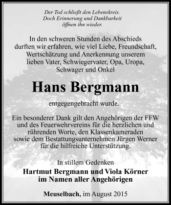 Traueranzeige von Hans Bergmann von Südthüringer Presse