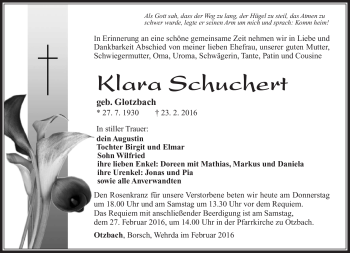 Traueranzeige von Klara Schuchert von Südthüringer Presse