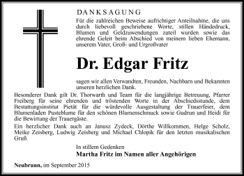 Traueranzeige von Dr. Edgar Fritz von Südthüringer Presse