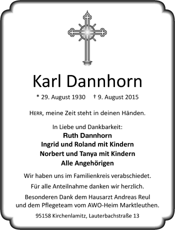 Traueranzeige von Karl Dannhorn von Frankenpost