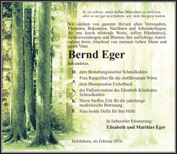 Traueranzeige von Bernd Eger von Südthüringer Presse