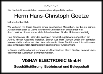 Traueranzeige von Hans-Christoph Goetze von Frankenpost