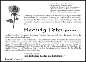 Traueranzeige von Hetwig Peter von Südthüringer Presse