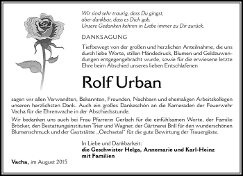 Traueranzeige von Rolf Urban von Südthüringer Presse
