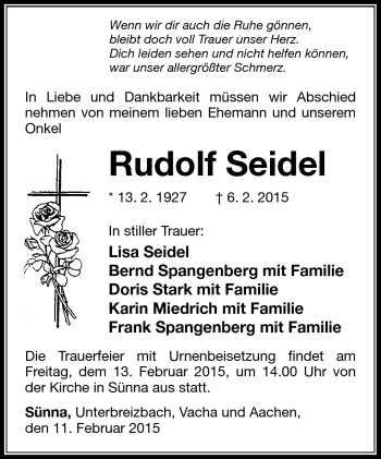 Traueranzeige von Rudolf Seidel von Südthüringer Presse