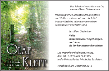 Traueranzeige von Olaf Klett von Südthüringer Presse