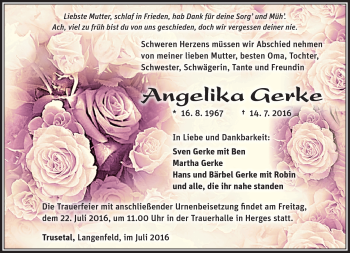 Traueranzeige von Angelika Gerke von Südthüringer Presse