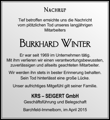 Traueranzeige von Burkhard Winter von Südthüringer Presse