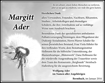 Traueranzeige von Margitt Ader von Südthüringer Presse