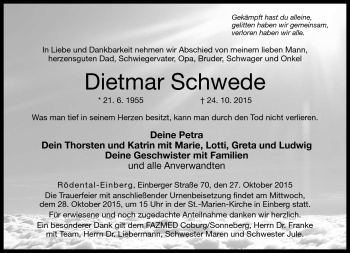 Traueranzeige von Dietmar Schwede von Neue Presse Coburg
