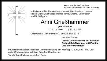 Traueranzeige von Anni Grießhammer von Frankenpost