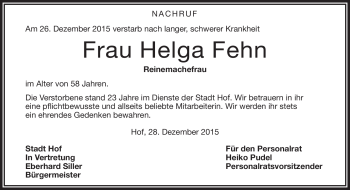Traueranzeige von Helga Fehn von Frankenpost