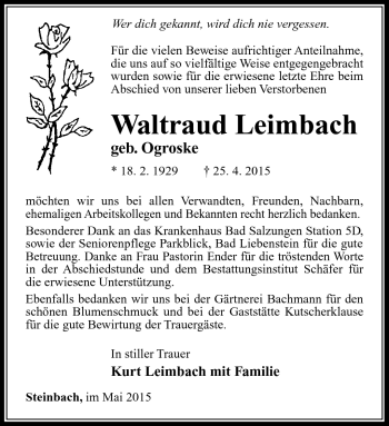 Traueranzeige von Waltraud Leimbach von Südthüringer Presse