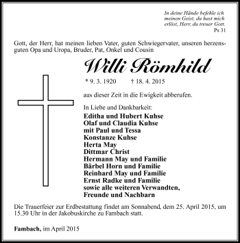 Traueranzeige von Willi Römhild von Südthüringer Presse