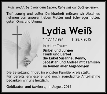 Traueranzeige von Lydia Weiß von Südthüringer Presse