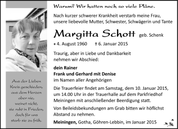 Traueranzeige von Margitta Schott von Südthüringer Presse