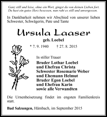 Traueranzeige von Ursula Laaser von Südthüringer Presse
