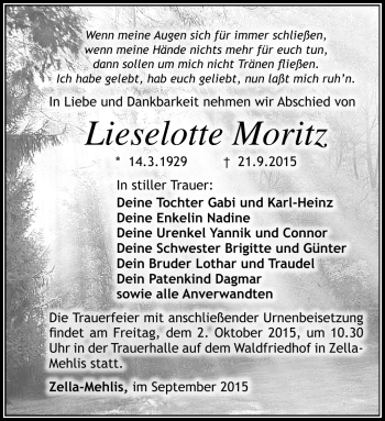 Traueranzeige von Lieselotte Moritz von Südthüringer Presse