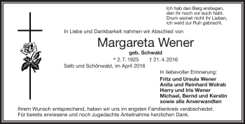 Traueranzeige von Margareta Wener von Frankenpost