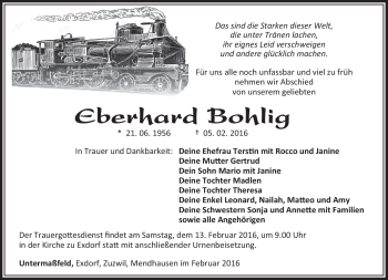 Traueranzeige von Eberhard Bohlig von Südthüringer Presse